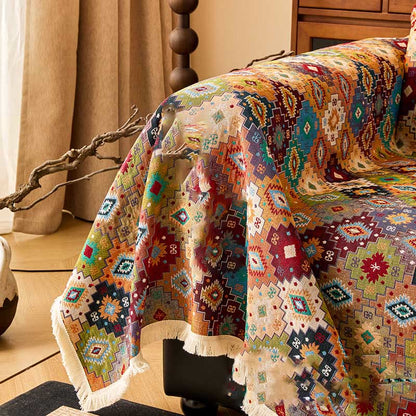 Vintage Sofabezug aus Baumwollleinen mit kariertem Jacquardmuster
