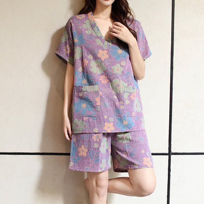 Plus Size Pyjama-Set aus Baumwolle mit V-Ausschnitt und Blumenmuster