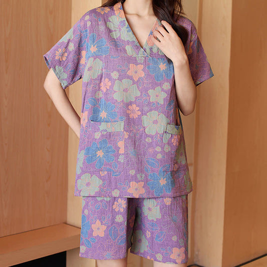 Plus Size Pyjama-Set aus Baumwolle mit V-Ausschnitt und Blumenmuster