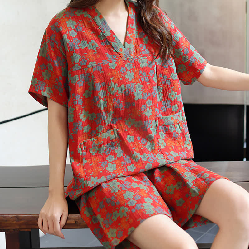 Kurzarm-Pyjama-Set aus Baumwolle mit Blumenmuster in Übergröße