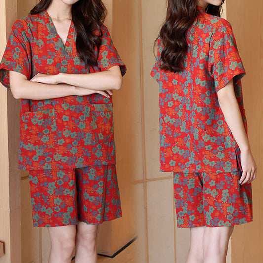 Kurzarm-Pyjama-Set aus Baumwolle mit Blumenmuster in Übergröße