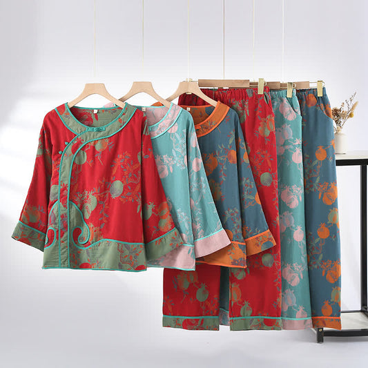 Jacquard-Nachtwäscheset aus Baumwollgaze mit Granatapfelmotiv