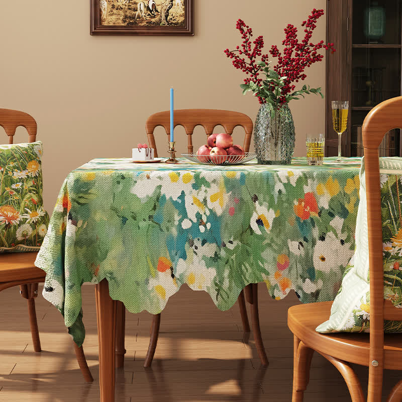Jacquard-Tischdecke mit gewelltem Rand und Blumenmuster im Ölgemälde-Stil