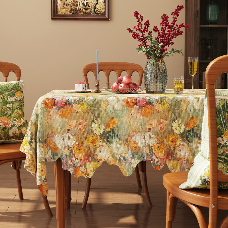 Jacquard-Tischdecke mit gewelltem Rand und Blumenmuster im Ölgemälde-Stil