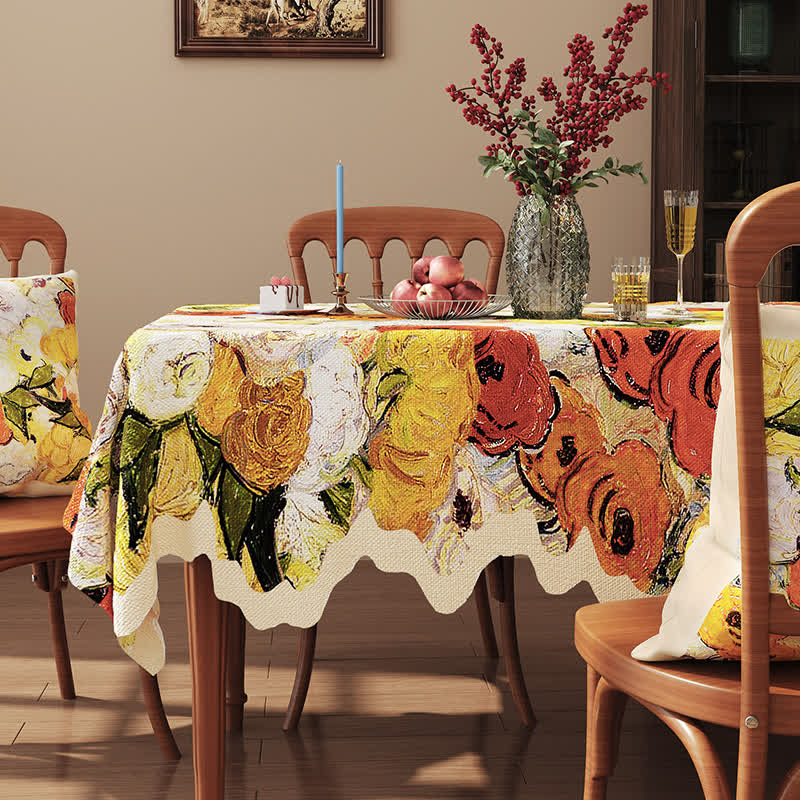 Jacquard-Tischdecke mit gewelltem Rand und Blumenmuster im Ölgemälde-Stil