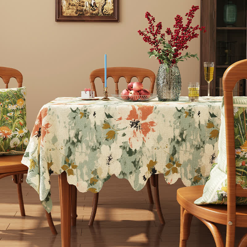 Jacquard-Tischdecke mit gewelltem Rand und Blumenmuster im Ölgemälde-Stil