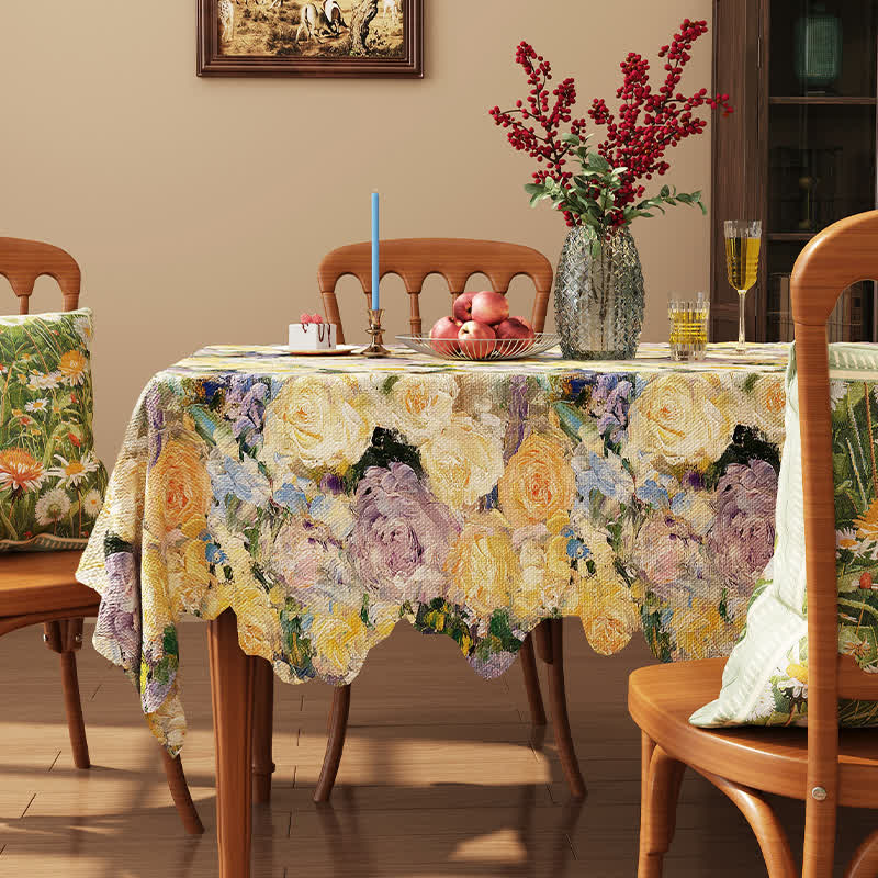 Jacquard-Tischdecke mit gewelltem Rand und Blumenmuster im Ölgemälde-Stil