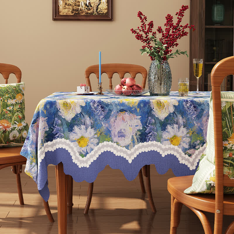 Jacquard-Tischdecke mit gewelltem Rand und Blumenmuster im Ölgemälde-Stil