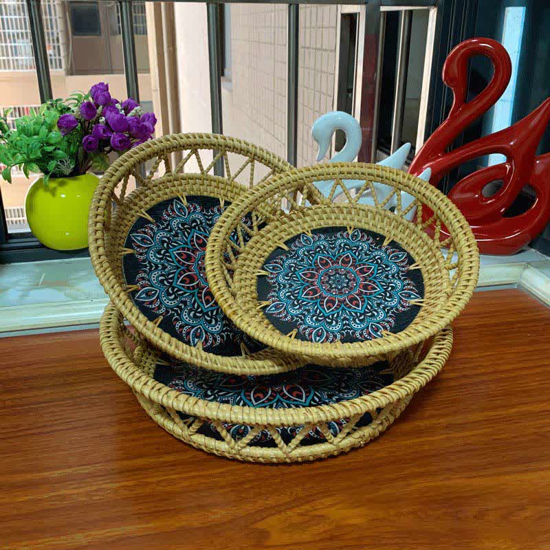 Boho Rattan Handbemalter bedruckter Obstkorb Aufbewahrungskorb