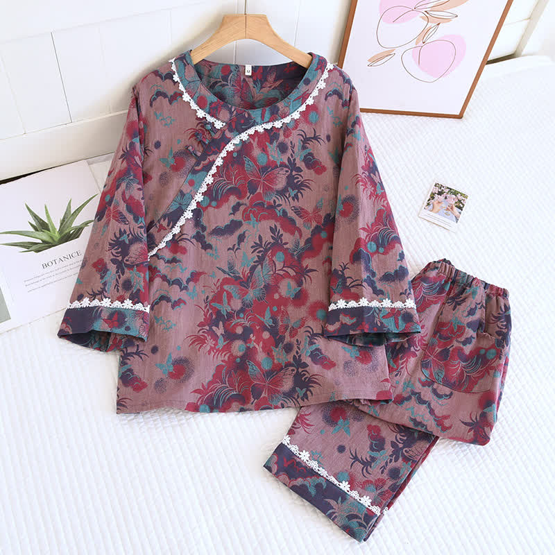 Doppellagiges Gaze-Pyjama-Set mit Retro-Schmetterling
