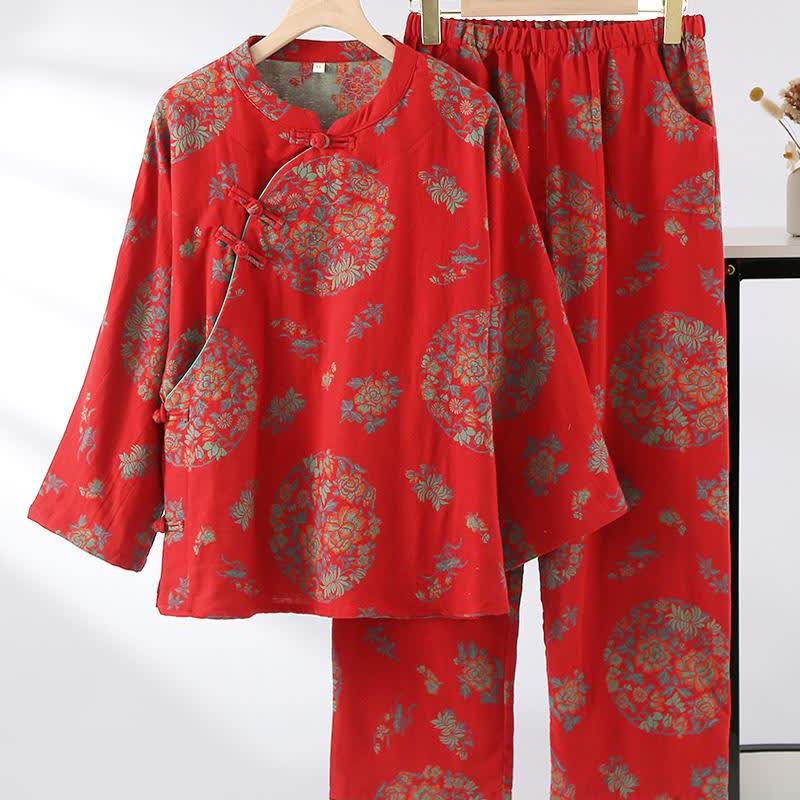 Nachtwäsche-Set aus Baumwollgaze mit Froschverschluss und Blumenmuster