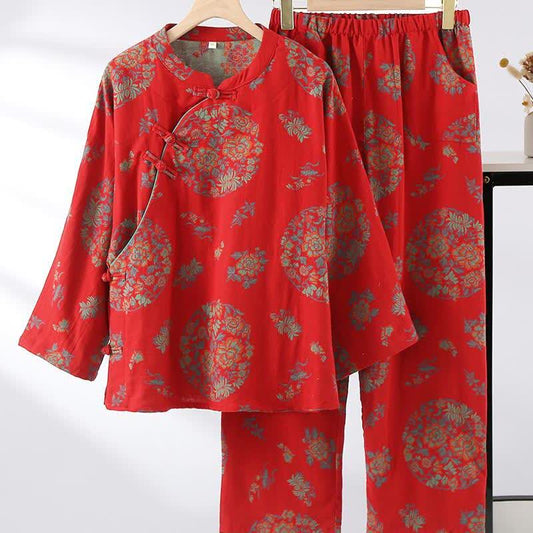 Nachtwäsche-Set aus Baumwollgaze mit Froschverschluss und Blumenmuster