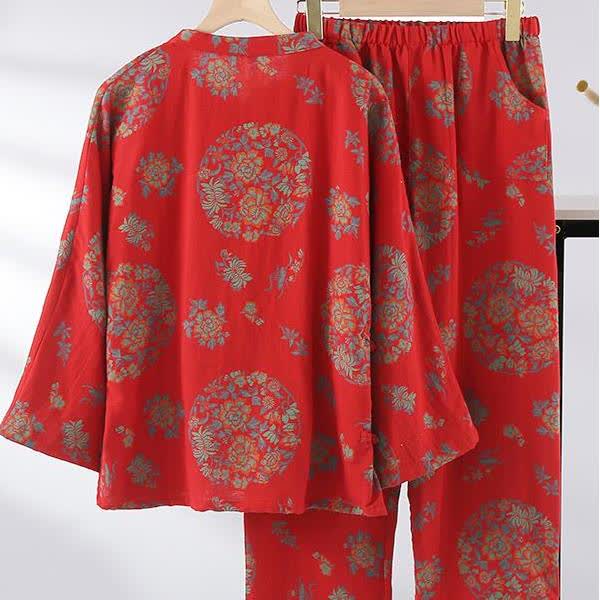Nachtwäsche-Set aus Baumwollgaze mit Froschverschluss und Blumenmuster