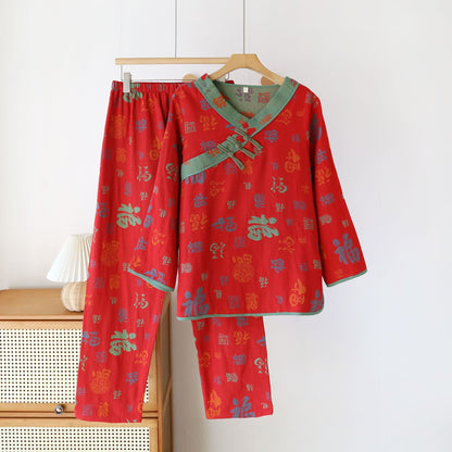 Nachtwäscheset aus Vintage-Baumwollgaze mit V-Ausschnitt - Rot - 2XL - image 0