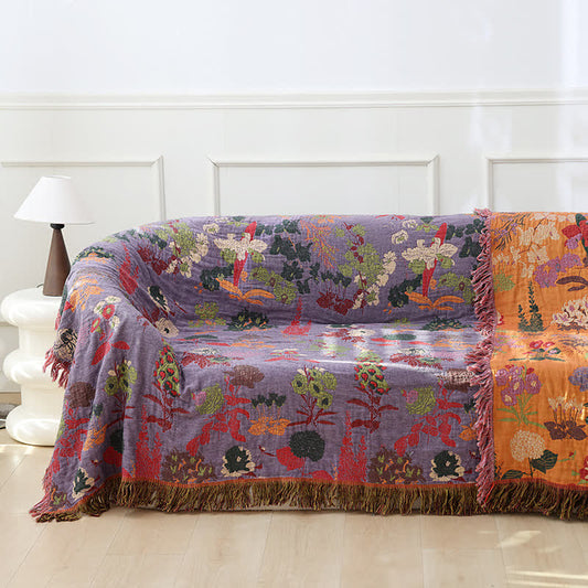 Sofadecke aus Baumwollgaze mit Blumenmuster und Quaste im Vintage-Stil