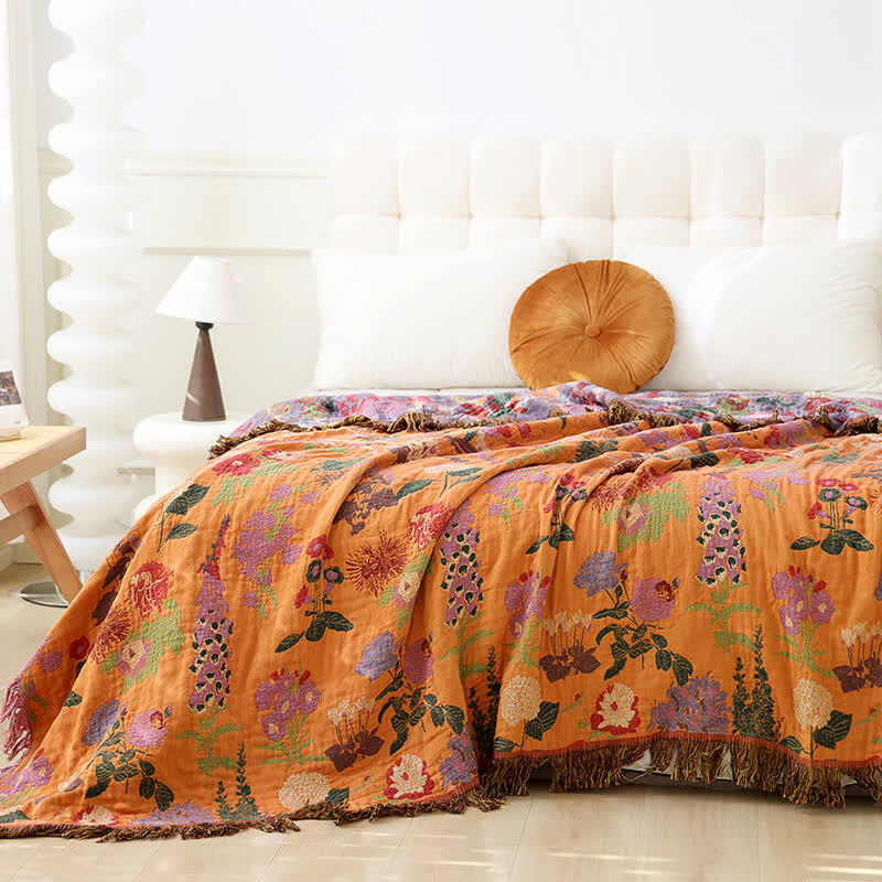 Sofadecke aus Baumwollgaze mit Blumenmuster und Quaste im Vintage-Stil