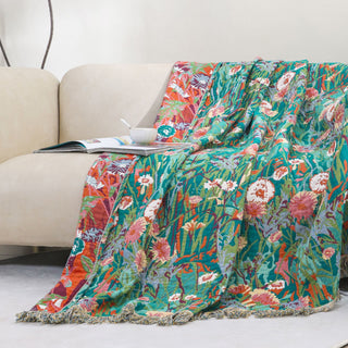 Wendedecke aus Baumwollgaze mit Blumenmuster und Quasten