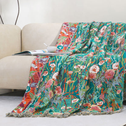 Wendedecke aus Baumwollgaze mit Blumenmuster und Quasten