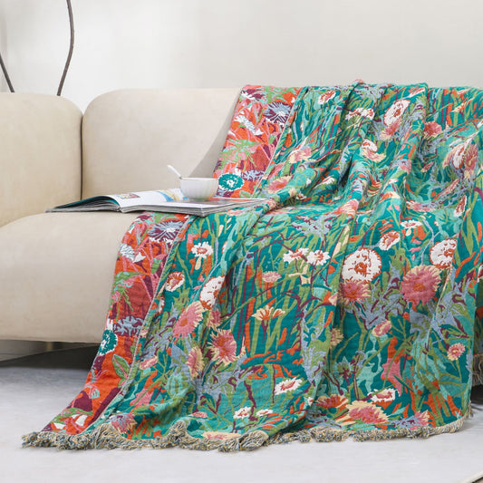 Wendedecke aus Baumwollgaze mit Blumenmuster und Quasten