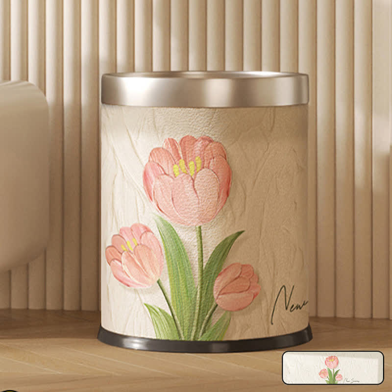 Doppellagiger Papierkorb aus Leder mit Blumenmuster