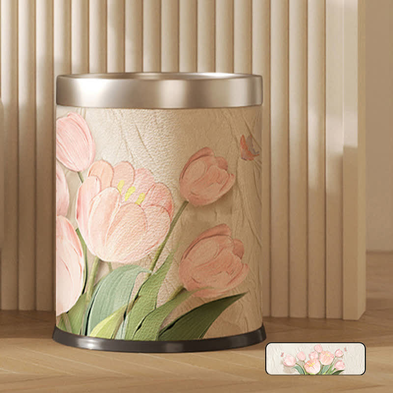 Doppellagiger Papierkorb aus Leder mit Blumenmuster