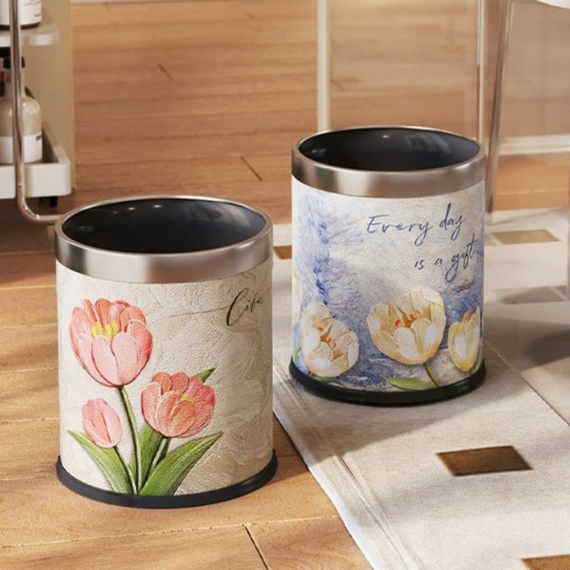 Doppellagiger Papierkorb aus Leder mit Blumenmuster