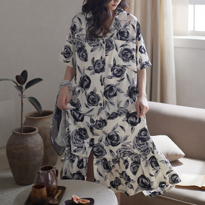 Langes Nachthemd aus Satin im Vintage-Stil mit Rosenmotiv