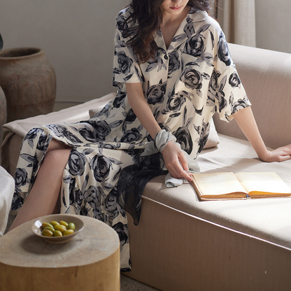 Langes Nachthemd aus Satin im Vintage-Stil mit Rosenmotiv