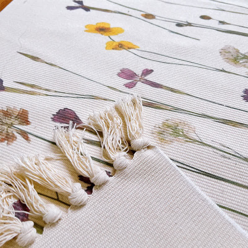 Bodenmatte aus Baumwollleinen mit Pflanzenzweig-Muster und Quaste