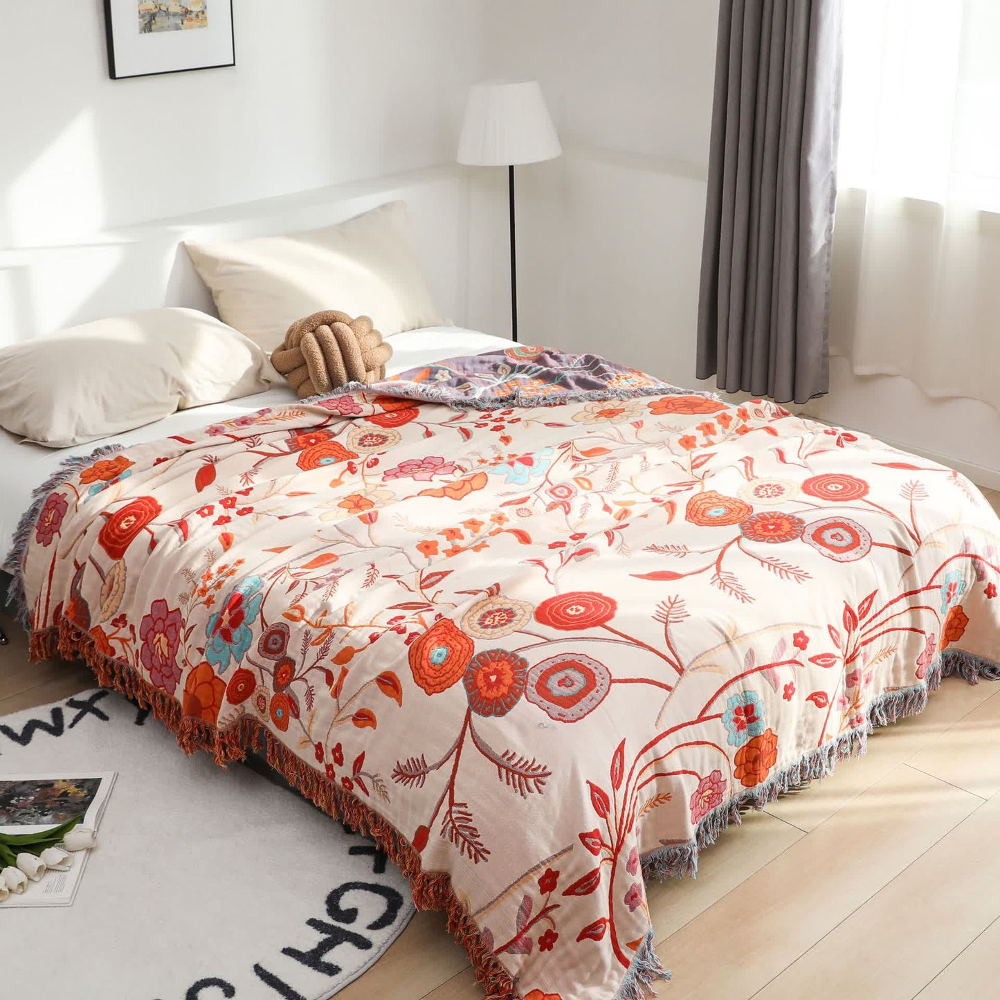 Bequeme Wendedecke aus Baumwollgaze mit Vintage-Blumenmuster