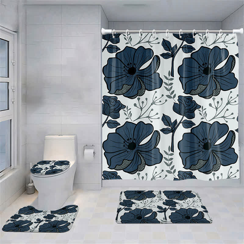 Wasserdichtes Duschvorhang-Matten-Set mit frischen Pflanzenblumen