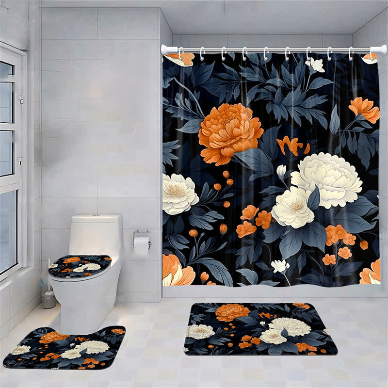 Wasserdichtes Duschvorhang-Matten-Set mit frischen Pflanzenblumen