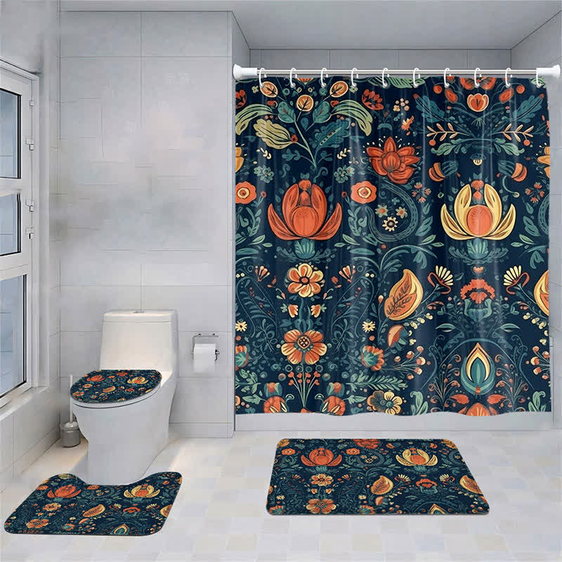 Wasserdichtes Duschvorhang-Matten-Set mit frischen Pflanzenblumen