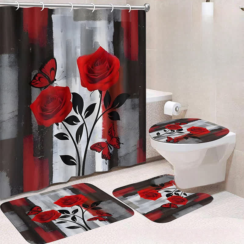 Luxuriöses wasserdichtes Duschvorhang-Matten-Set mit botanischen Blumen