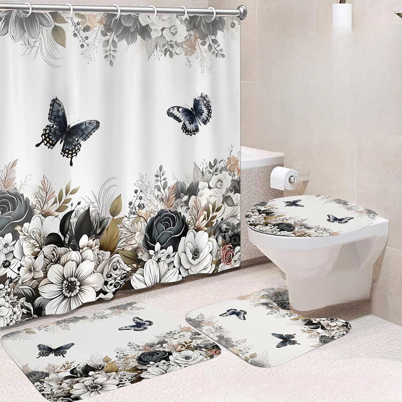 Luxuriöses wasserdichtes Duschvorhang-Matten-Set mit botanischen Blumen