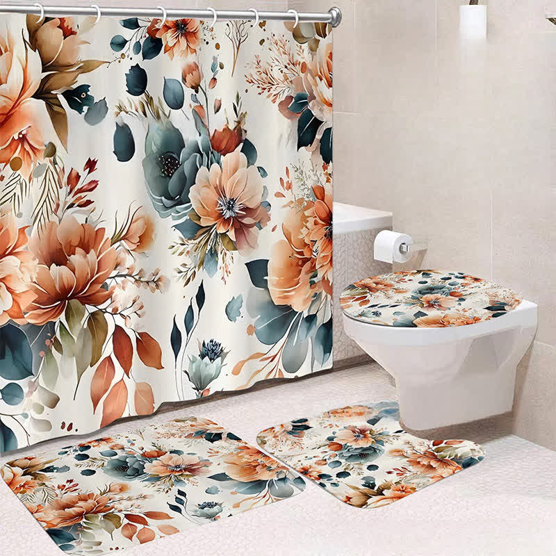 Luxuriöses wasserdichtes Duschvorhang-Matten-Set mit botanischen Blumen