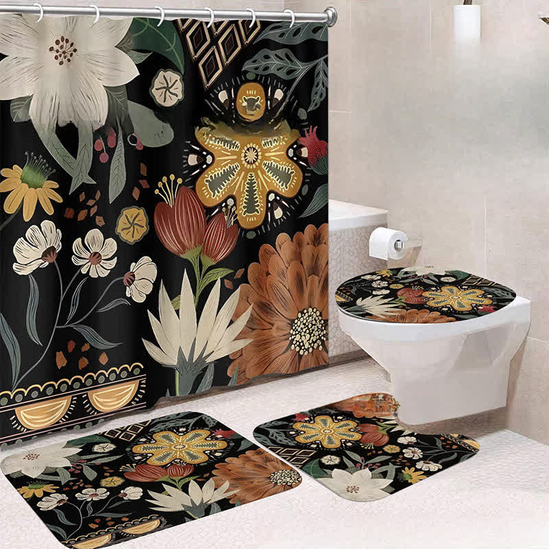 Luxuriöses wasserdichtes Duschvorhang-Matten-Set mit botanischen Blumen