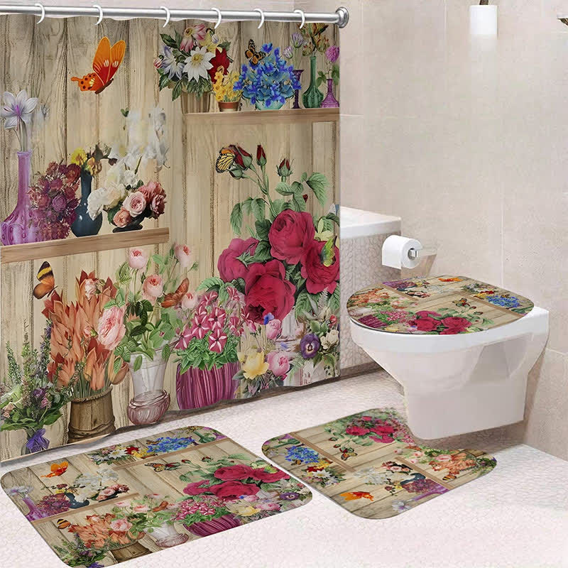 Luxuriöses wasserdichtes Duschvorhang-Matten-Set mit botanischen Blumen