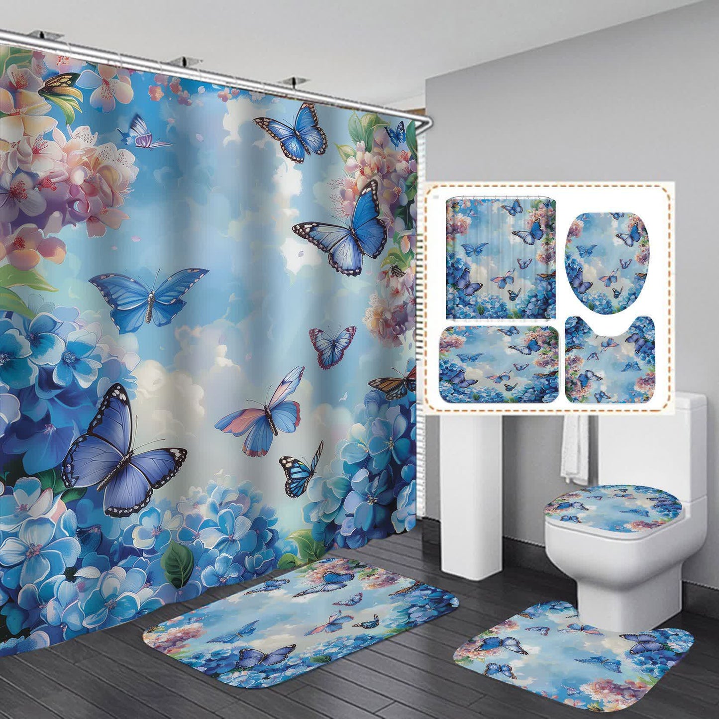 Wasserdichter Duschvorhang mit Blumen und Schmetterlingen