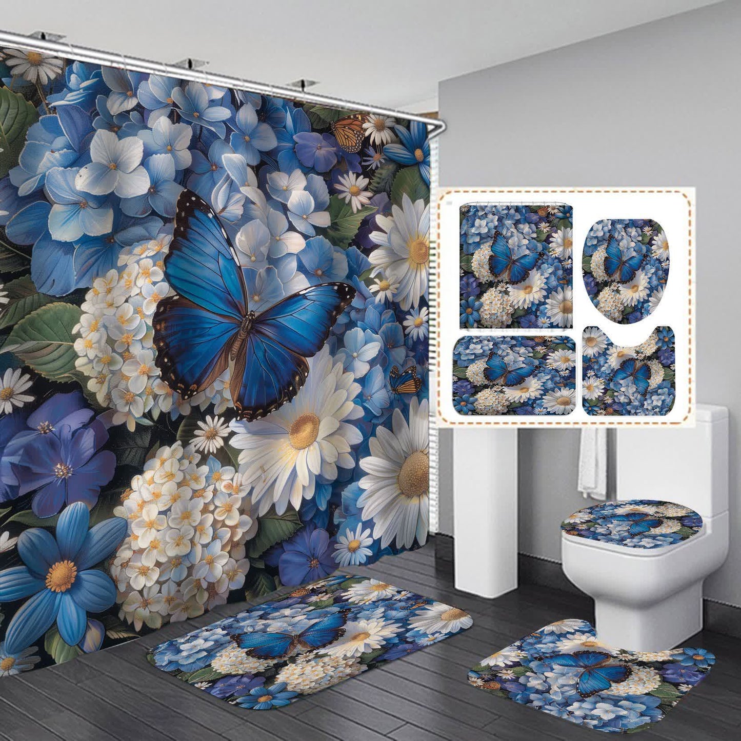 Wasserdichter Duschvorhang mit Blumen und Schmetterlingen