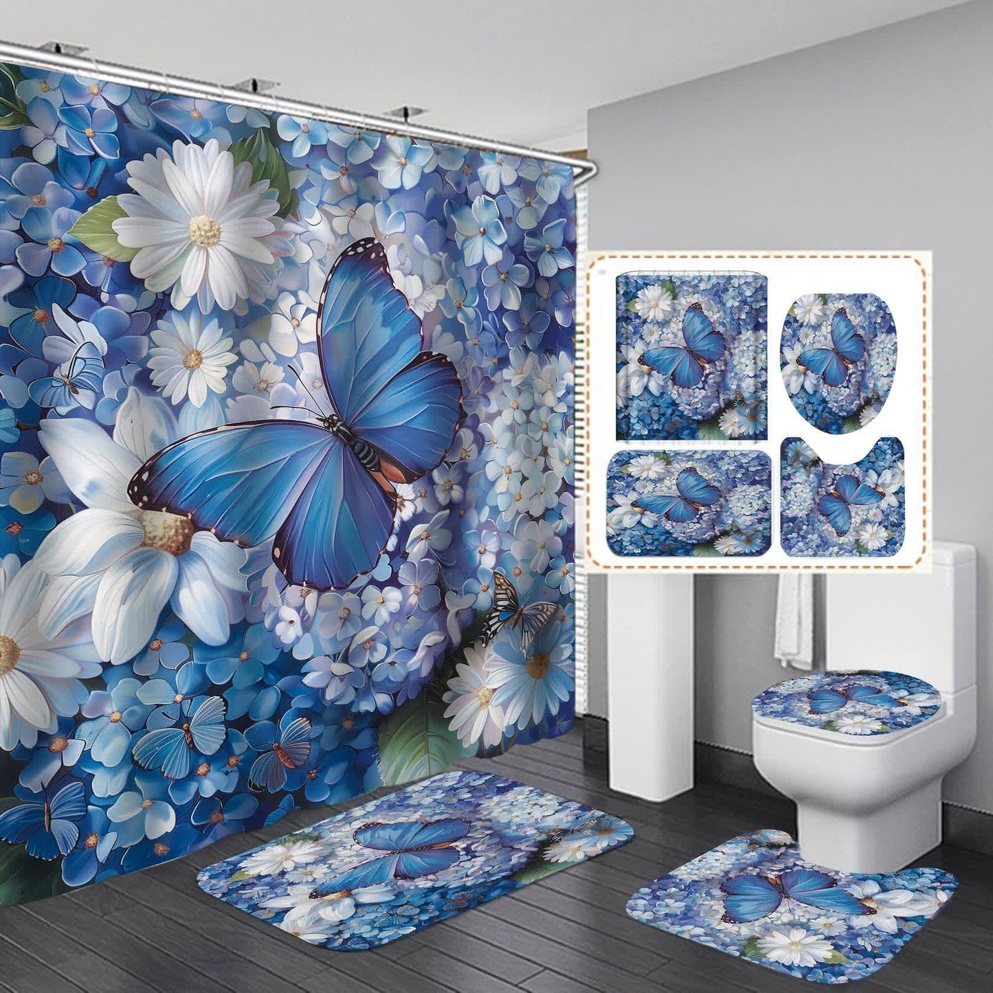 Wasserdichter Duschvorhang mit Blumen und Schmetterlingen