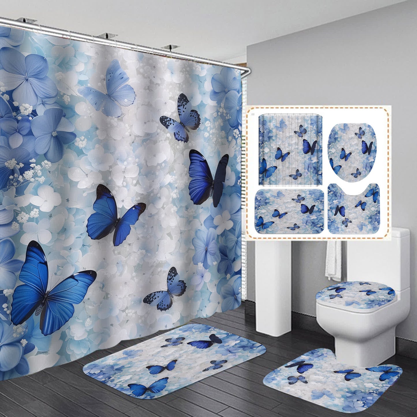 Wasserdichter Duschvorhang mit Blumen und Schmetterlingen