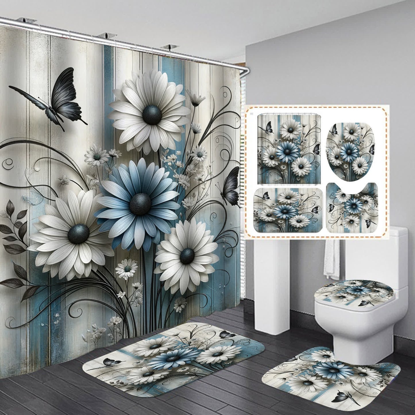 Wasserdichter Duschvorhang mit Blumen und Schmetterlingen