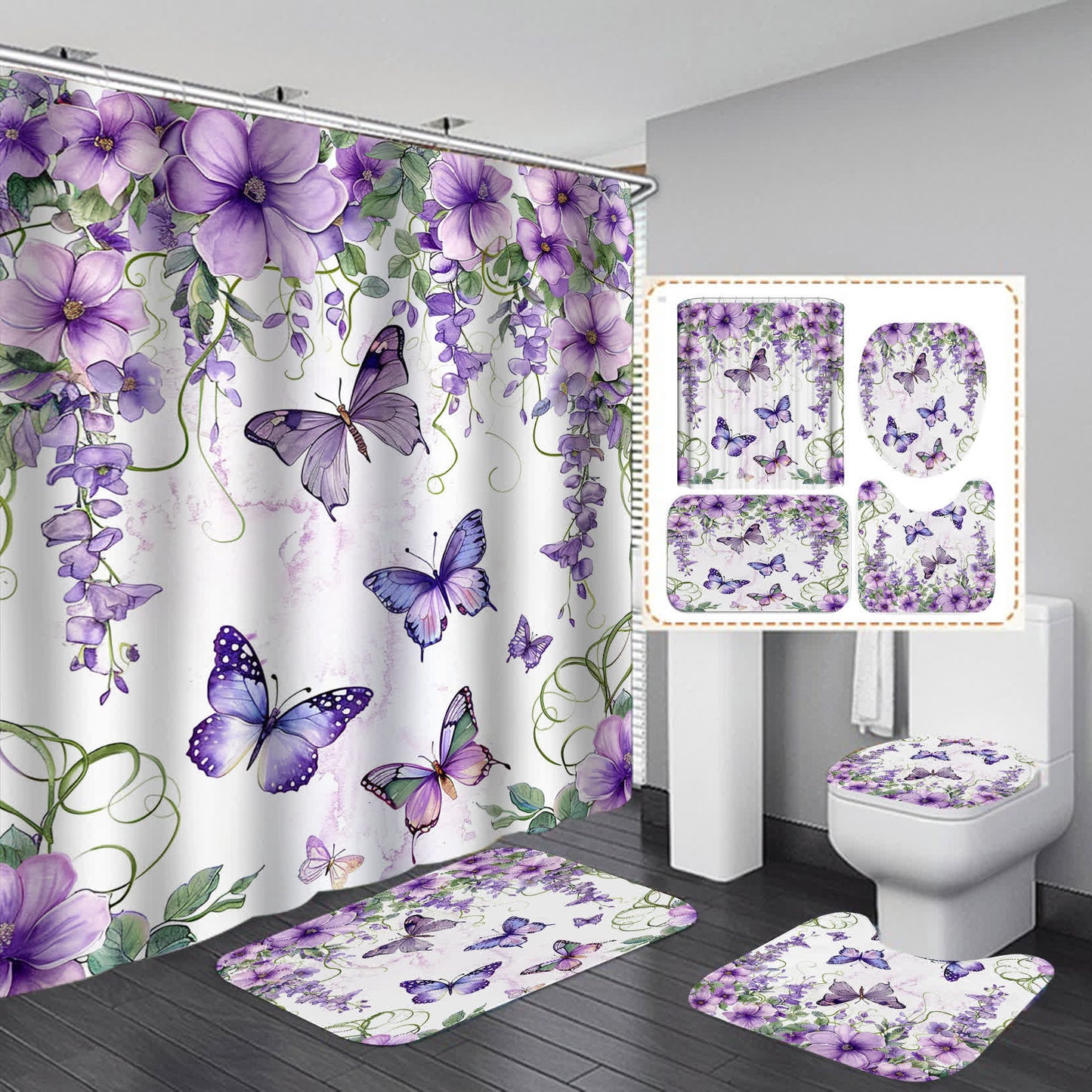 Wasserdichter Duschvorhang mit Blumen und Schmetterlingen