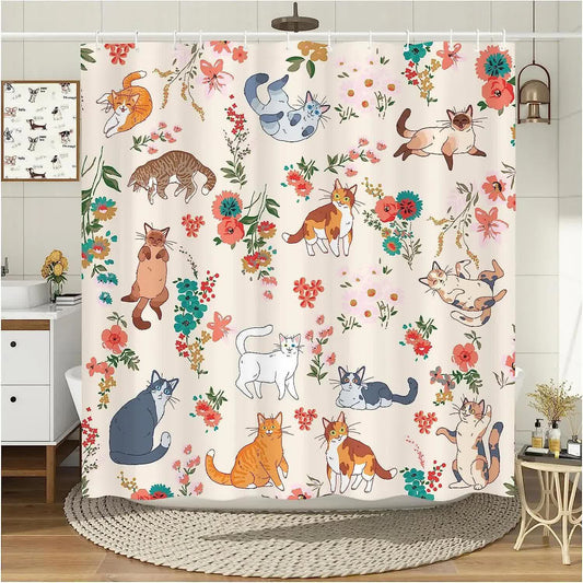 Duschvorhang mit Blumenmuster und süßer Katze