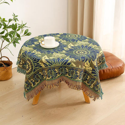 Vintage Jacquard Gerbera Blau Sonnenblumen Tischdecke
