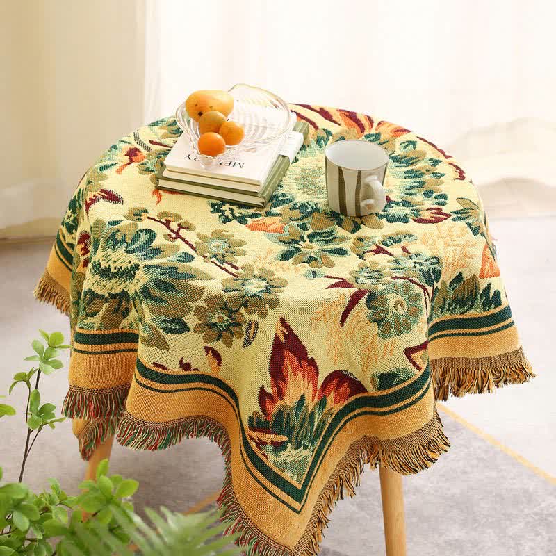 Vintage Jacquard Gerbera Blau Sonnenblumen Tischdecke