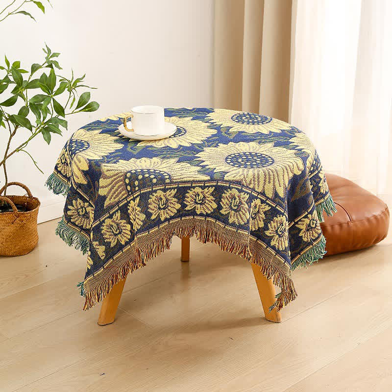Vintage Jacquard Gerbera Blau Sonnenblumen Tischdecke