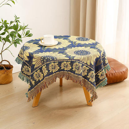 Vintage Jacquard Gerbera Blau Sonnenblumen Tischdecke