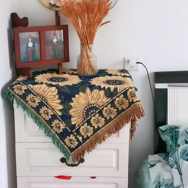 Vintage Jacquard Gerbera Blau Sonnenblumen Tischdecke